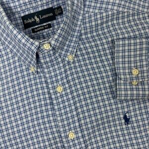 Polo Ralph Lauren Button Down Mens 16.5 34/35 Classic Fit Blue Plaid L/S‎ Oxford